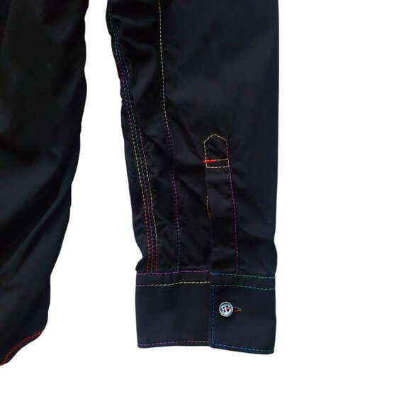 (SOLD) Comme des Garçons Shirt Black Button Up Contrasting Rainbow Stitching - Picture 3 of 7